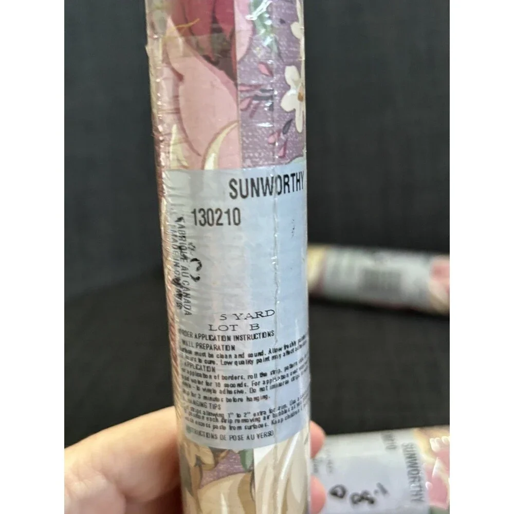VTG Sunworthy Wallpaper Border 3 Rolls Floral w/ Scroll Pink Mauve Gold Cottage